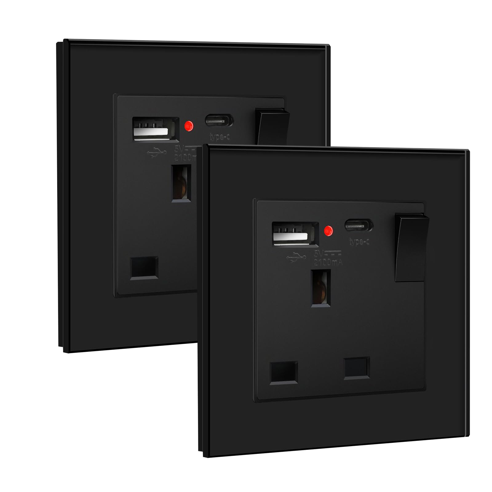 BSEED Double Socket 13A with LED Indicator, Double Switched Wall Socket 2 Gang UK Standard, Electric Switched Plug Power Wall Outlet with Glass Panel, Grey