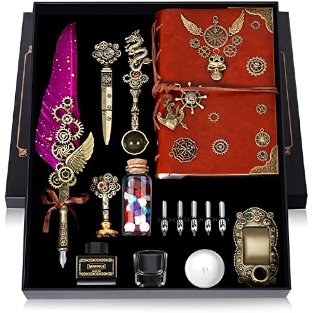 MPRINCE Quill Pen Ink Set, Quill Pen, Notebook, 5 Replaceable Nibs, Seal Stamp, Spoon, Wax Beads, White Wax, Ink, Pen Holder, Cup, Envelope, Letter Paper, Envelope Tool