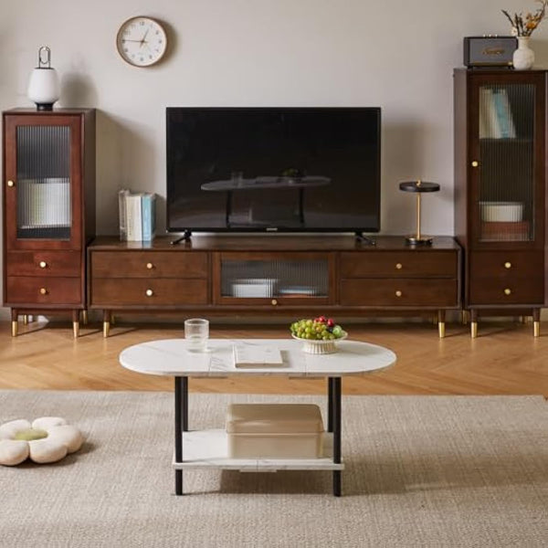 Aibiju Coffee Table, Small Living Room Table, Sofa Table with Wooden Legs and 2 Tier Storage for Living Room Home Office, 35x16x17inch White Faux Marble + Black, YD-011M