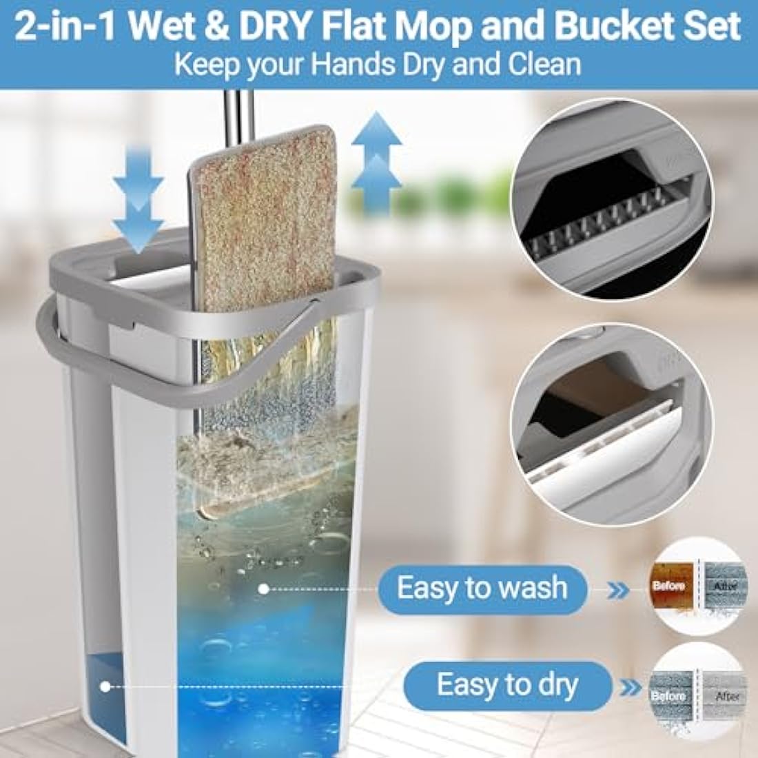 MASTERTOP Mop and Bucket - Hands-Free Floor Cleaner Mops with 5 Reusable Microfibre Mop Pads, 360° Rotating Flat Mops & Wet/Dry Cleaning System for Hardwood, Tile, Marble Floors - White