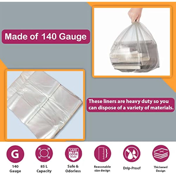 200 Large Strong Clear Bin Bags (18 x 29 x 39 Inches) - Plastic Recycling Bin Liners - 140 Gauge Trash Bags for Rubbish, Waste, Refuse & Dustbin Sacks - 85 Liters