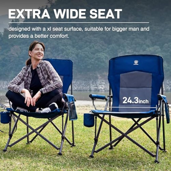 EVER ADVANCED Camping Chair for Adults Oversized 230KG, Folding Chair for Heavy People with Side Pocket, Heavy Duty Extra Wide Garden with Hard Armrest Foldable Fishing Outdoor Blue