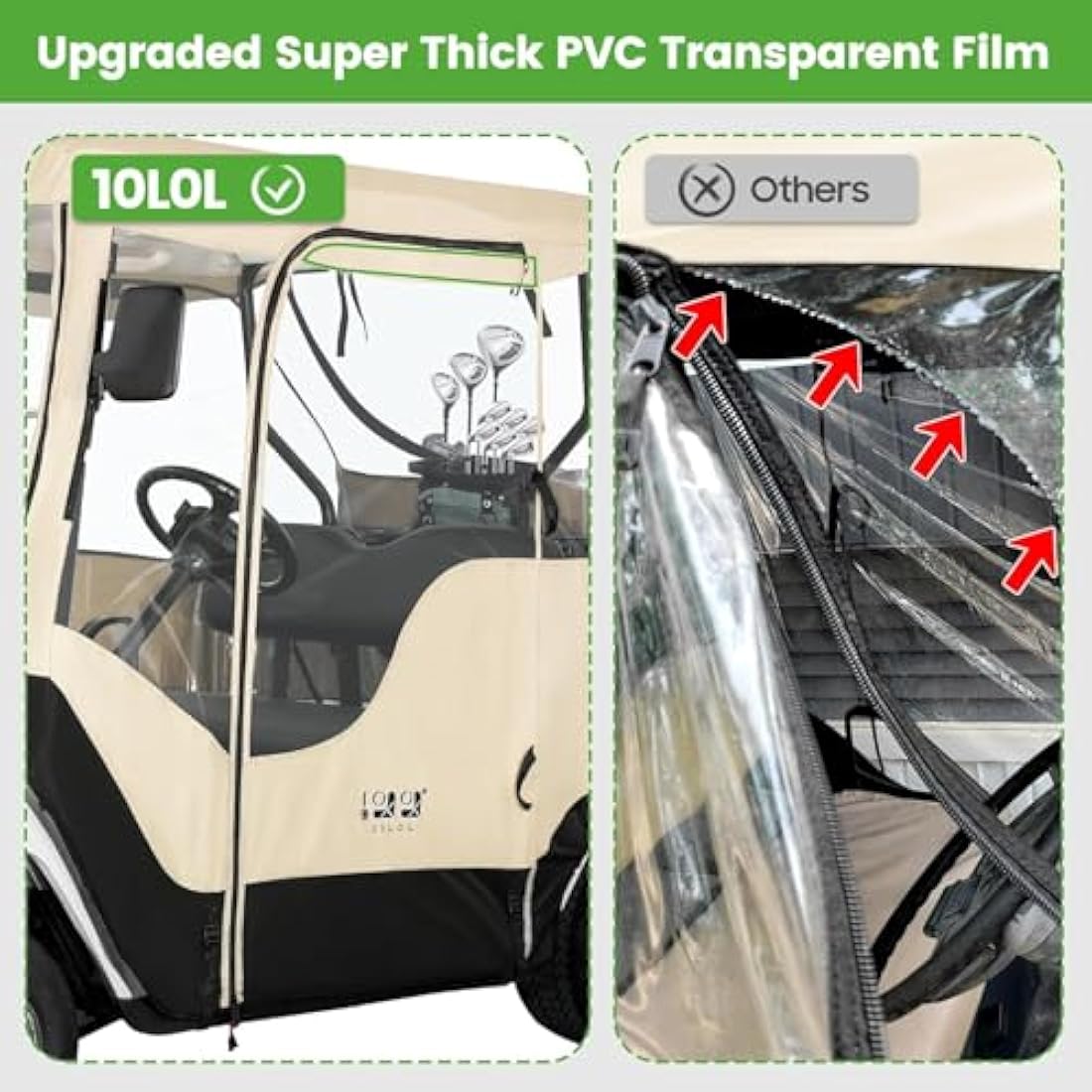 10L0L Golf Cart Enclosure Fit for 2 Passengers EZGO TXT RXV,600D Waterproof Snowproof Golf Buggy Keep Warm Cover, 2 Door Zippers 4-Side Clear Window and 4 Windproof Hooks Golf Cart Rain Cover, Black