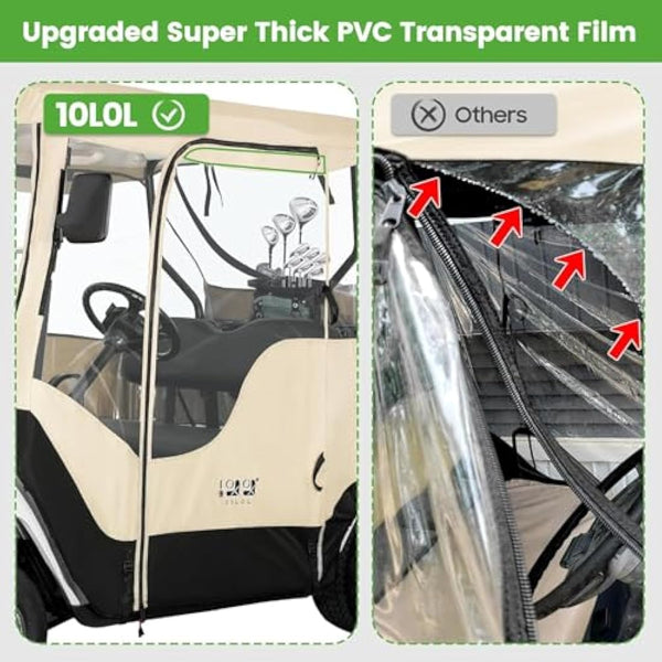 10L0L Golf Cart Enclosure Fit for 2 Passengers EZGO TXT RXV,600D Waterproof Snowproof Golf Buggy Keep Warm Cover, 2 Door Zippers 4-Side Clear Window and 4 Windproof Hooks Golf Cart Rain Cover, Black