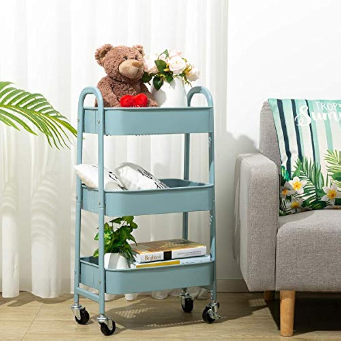 DOEWORKS Storage Trolley on Wheels Metal 3-Tier Kitchen Trolleys Craft Trolley Beauty Trolleys Rolling Utility Storage Cart for Books Room Bathroom Office, Grey-Blue