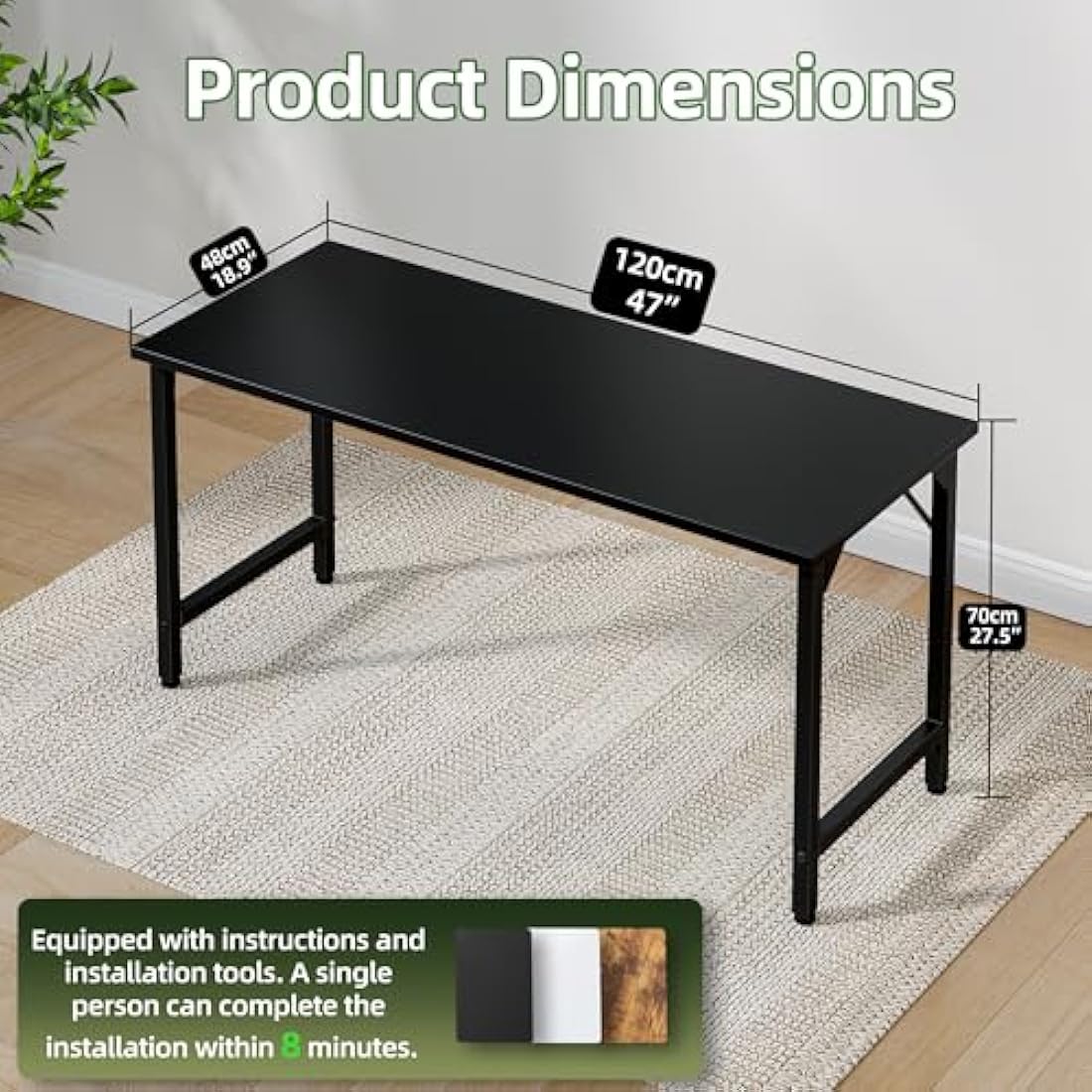 Grandder 120 cm Computer Desk, Home Office Desk Study Writing Kid Table, Simple PC Gaming Desk, Adjustable Feet, Black