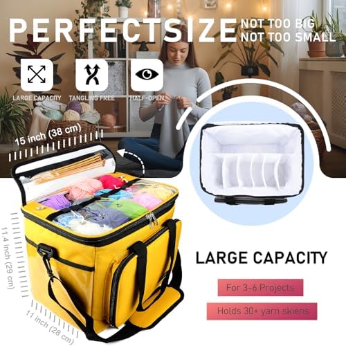 Hoshin Knitting Bag for Yarn Storage, Portable Crochet Tote Bag Yarn Organizer for Crochet Patterns and Hooks, Needles, Skeins of Yarn-Enjoy Knitting/Crocheting Anywhere(Yellow)