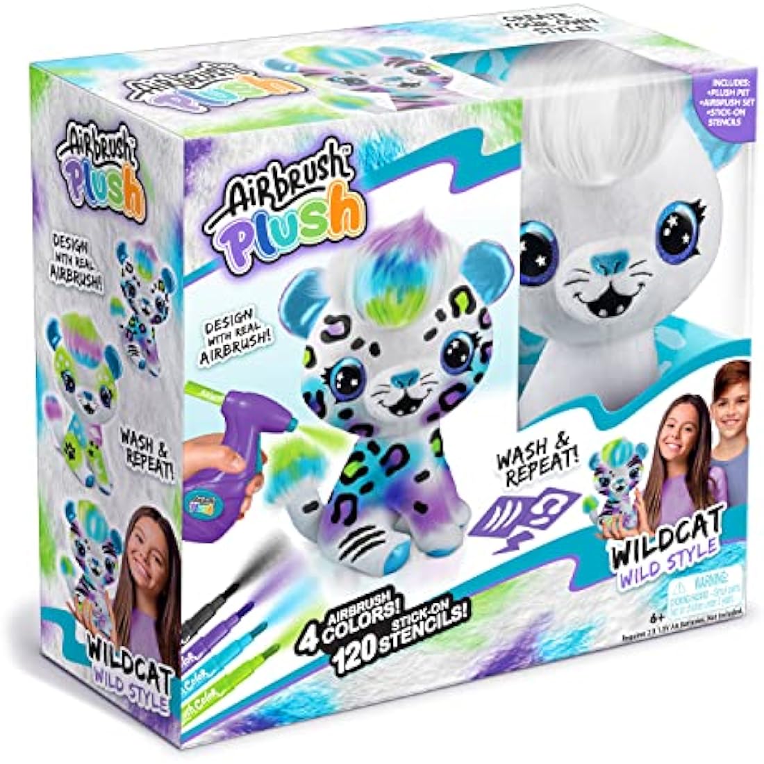 Airbrush Plush AIR 003 Wild Cat, Decorate-Wash-Repeat, 4 Colour Chalk Pens, Battery Powered Airbrush, 100+ Stencils. for Ages 6+, White , Small