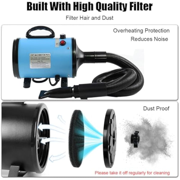 Dog Hair Dryer, 2800W Dog Blaster Dryer, Pet Grooming Hair Dryer, Stepless Speed Pet Dryer Blower with 4 Different Nozzles and Extendable Hose, Low Noise Professional Pet Hair Dryer for Dogs (Blue)