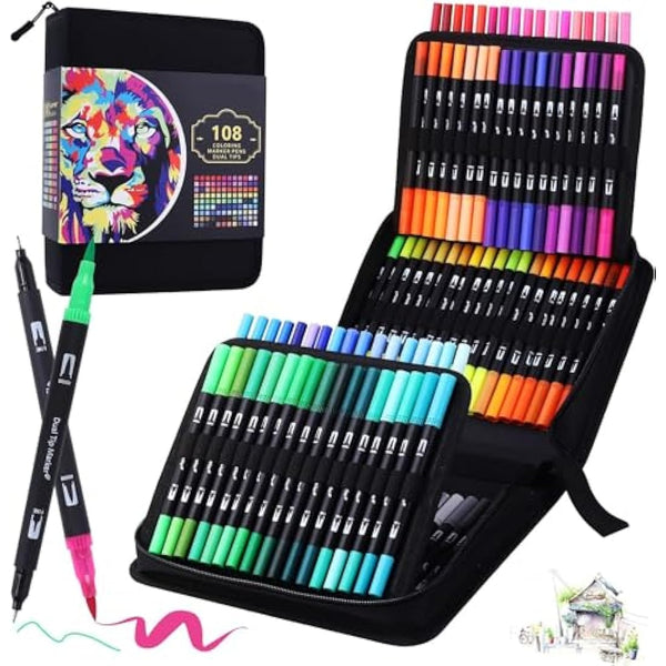 BEMAYSZ 108 Colours Dual Tip Colouring Brush Felt Tip Pens, Pens for Adult Adults and Kids Colouring Books Calligraphy Drawing Painting Sketching Highlighting