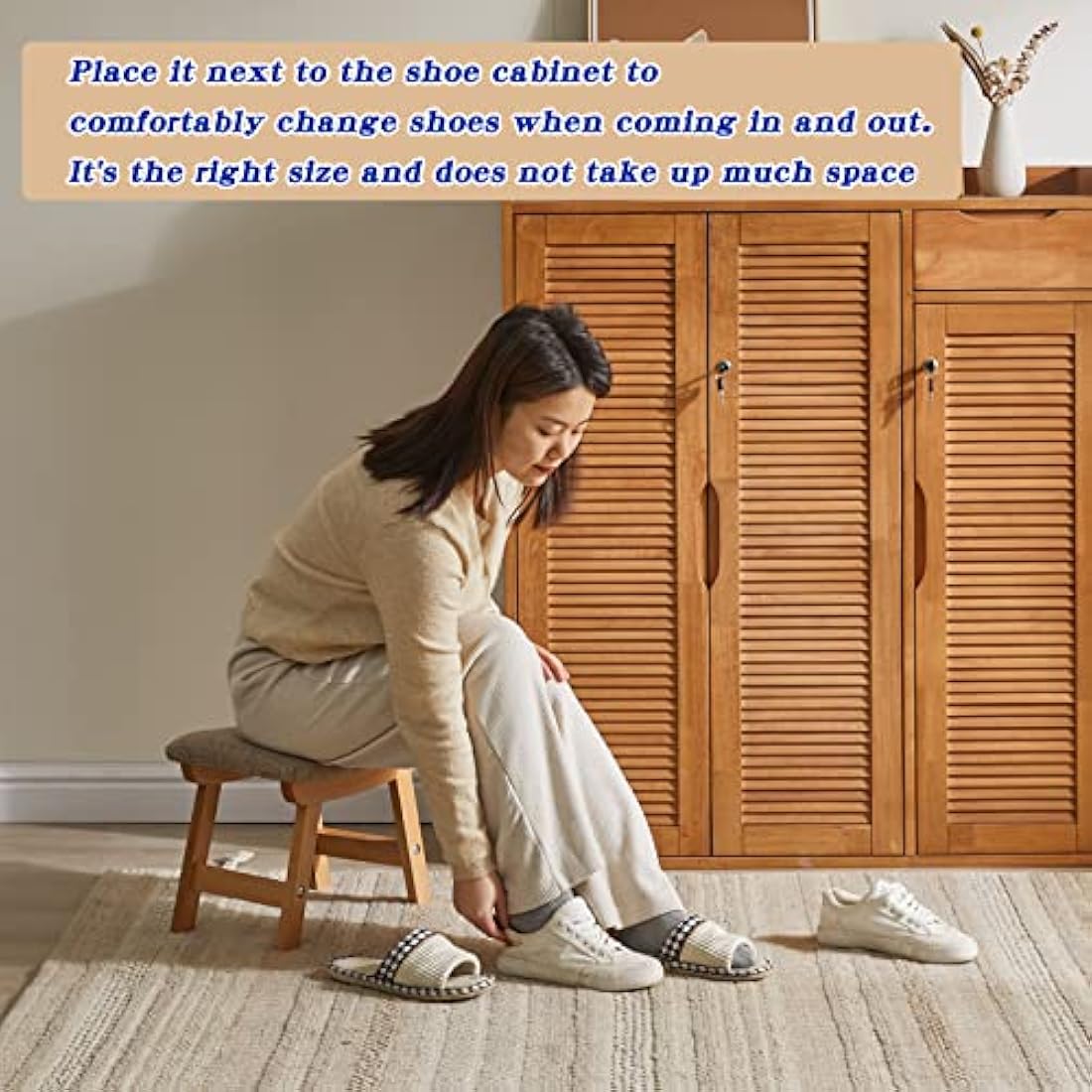 Aibiju Wooden Footstool, Foot Stool Ottoman Pouffe Padded Chair Stool with Removable Cover 4 Beech Legs Suitable for Bedroom, Living Room and Kitchen, (Natural leg + Beige cushion), YDEU-1358