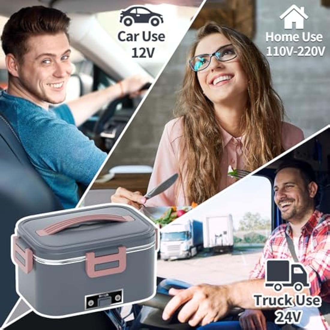SOOOEC Electric Heated Lunch Box 100W - 3-in-1 1.8L Super Fast Portable Lunch Boxes Food Heater for Adults,12V/24V/110-220V Heating Lunch Box for Car Truck Office Home with Leak-Proof Compartment Lid