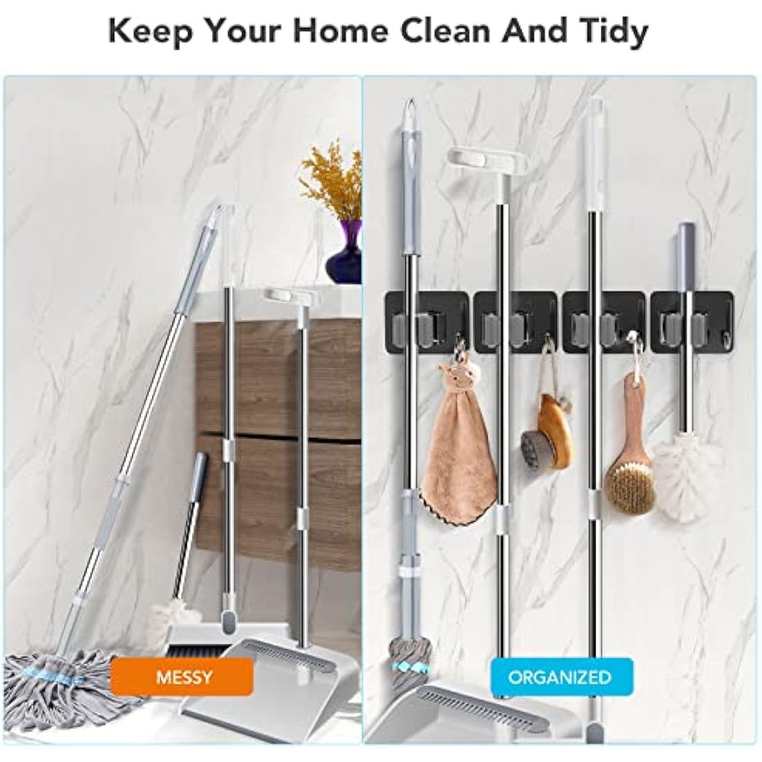 homeasy Mop Broom Holder, 4 Pcs Stainless Steel Self Adhesive Mop Holder Wall Mounted with Hooks Hanger Self-Adhesive Broom Holder for Bathroom, Kitchen, Office, Closet, Garden Garage(Black Mix)
