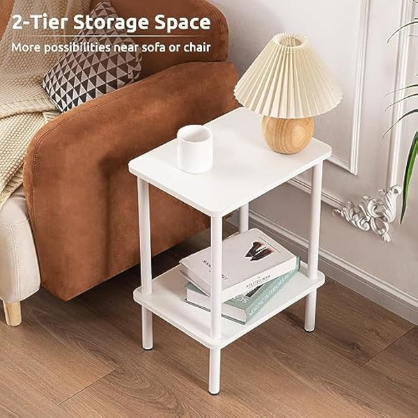 APICIZON 2 Tier Side Table, Narrow End Table with Storage Shelf, Bedside Table Nightstand for Small Spaces, Bedroom, Living Room, Entryway, Farmhouse, No-Tool Assembly, White