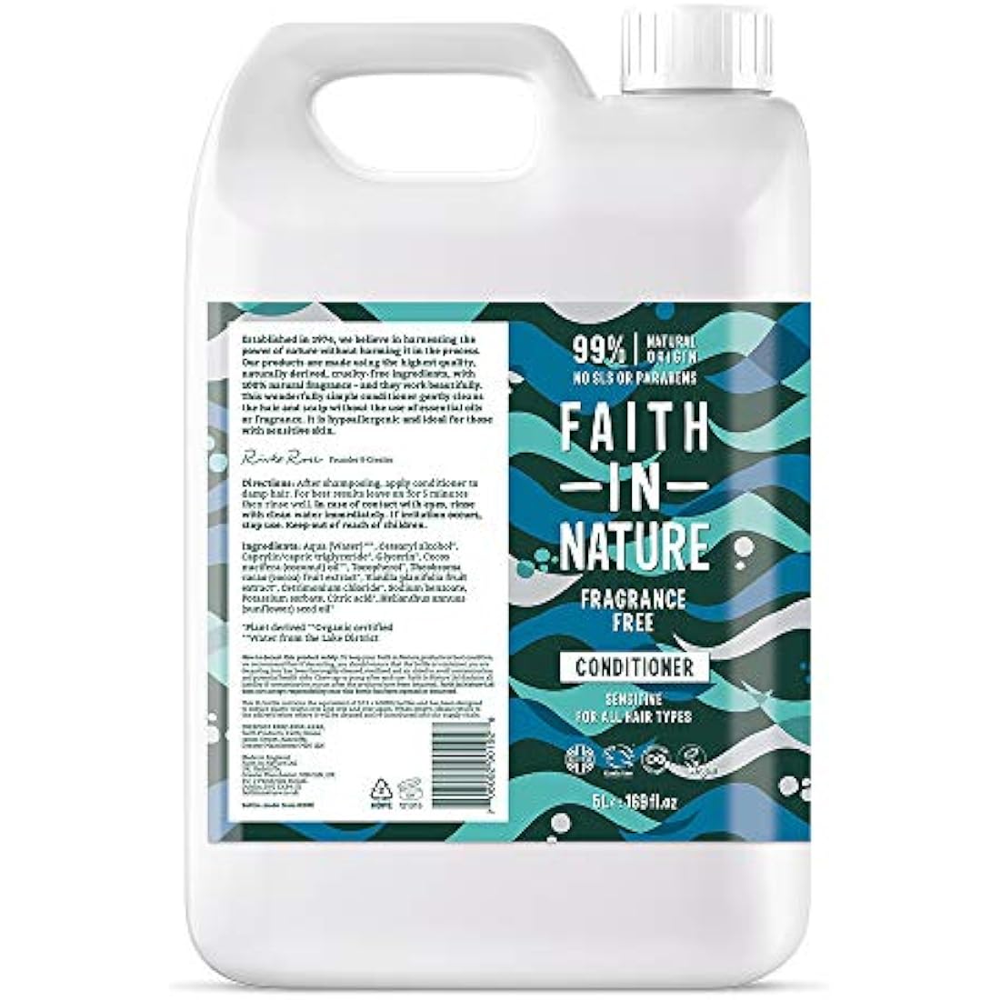 Faith In Nature Natural Fragrance Free Conditioner, Sensitive, Vegan & Cruelty Free, No SLS or Parabens, For All Hair Type, 5L Refill Pack