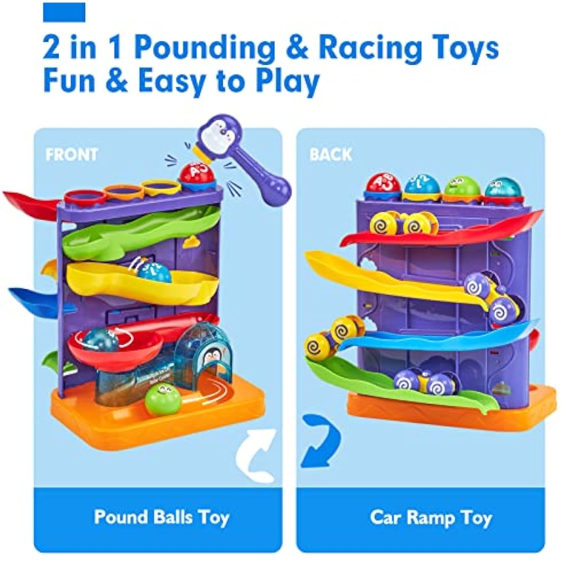 hahaland Toys for 1 Year Old Boys - 2 in 1 Pound & Roll Balls Toy & Car Ramp Race Track Toddler Toys Baby Toys 12 Months Early Developmental Hammer Montessori Toys Gifts for 1 2 3 Year Old Boys Girls