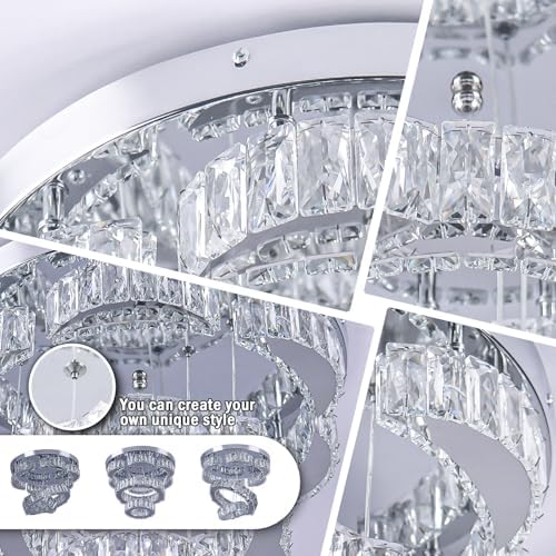FRIXCHUR 15.7" Modern Crystal Chandelier Flower LED Flush Mount Ceiling Light 2 Rings Pendant Lights Chandeliers for Living Room Dining Room Bedroom (Cool White)