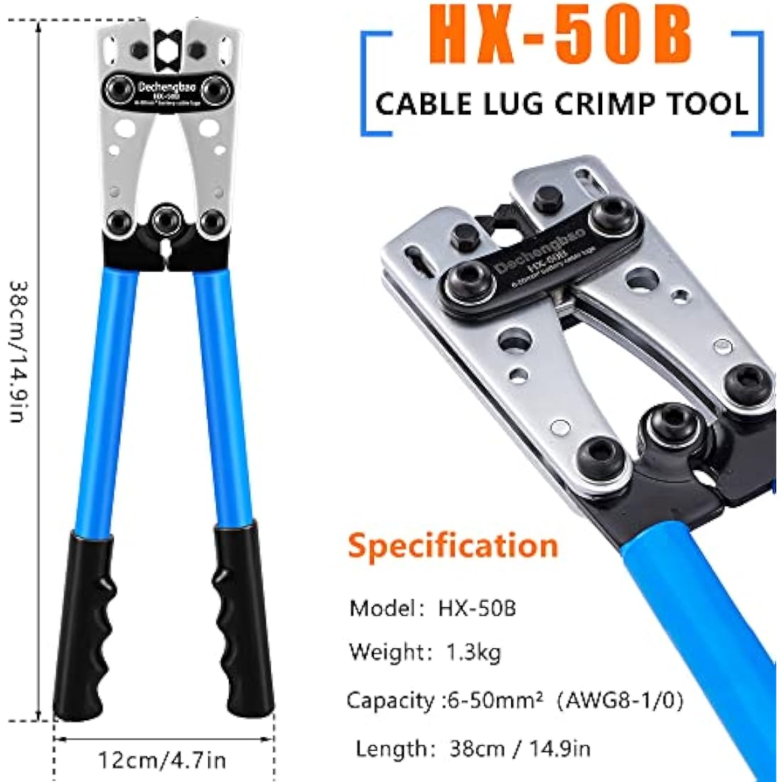 HX-50B Battery Cable Lug Crimping Tools Hand Electrician Pliers for Crimping Wire Cable from 6-50mm²(AWG 8-1/0) with Thickened and Reinforced The Metal Plate (HX50B Crmper +60PCSTerminals)