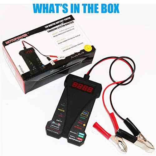 MOTOPOWER 12V Digital Battery Tester Voltmeter and Alternator Charging System Analyzer with LCD Display and LED Indication, Black Rubber Paint