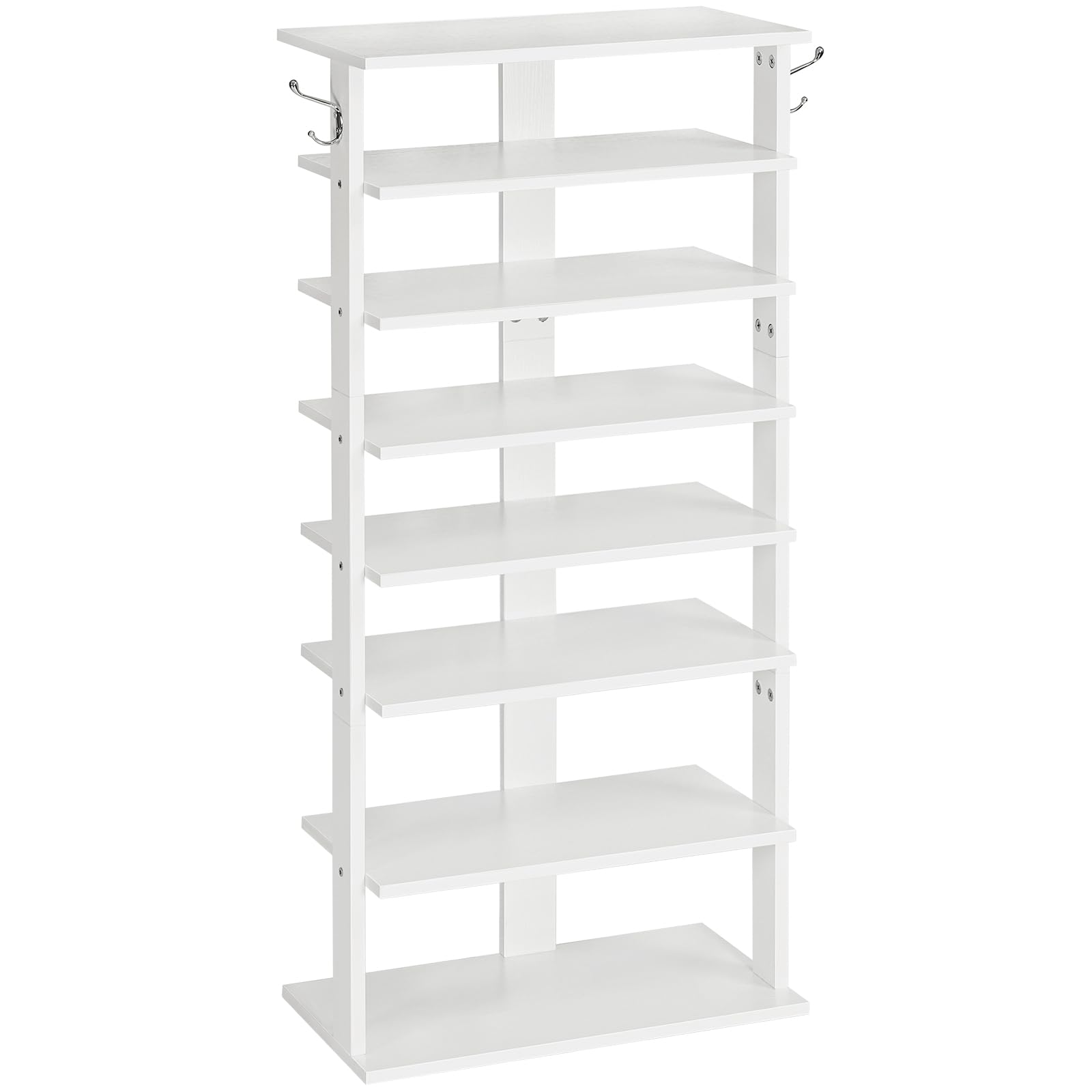HOOBRO Shoe Rack Wooden, White Shoe Rack, Narrow Shoe Storage Organizer with 2 Hooks, Slim Shoe Shelf, Vertical Shoe Tower for Entrance, Living Room,