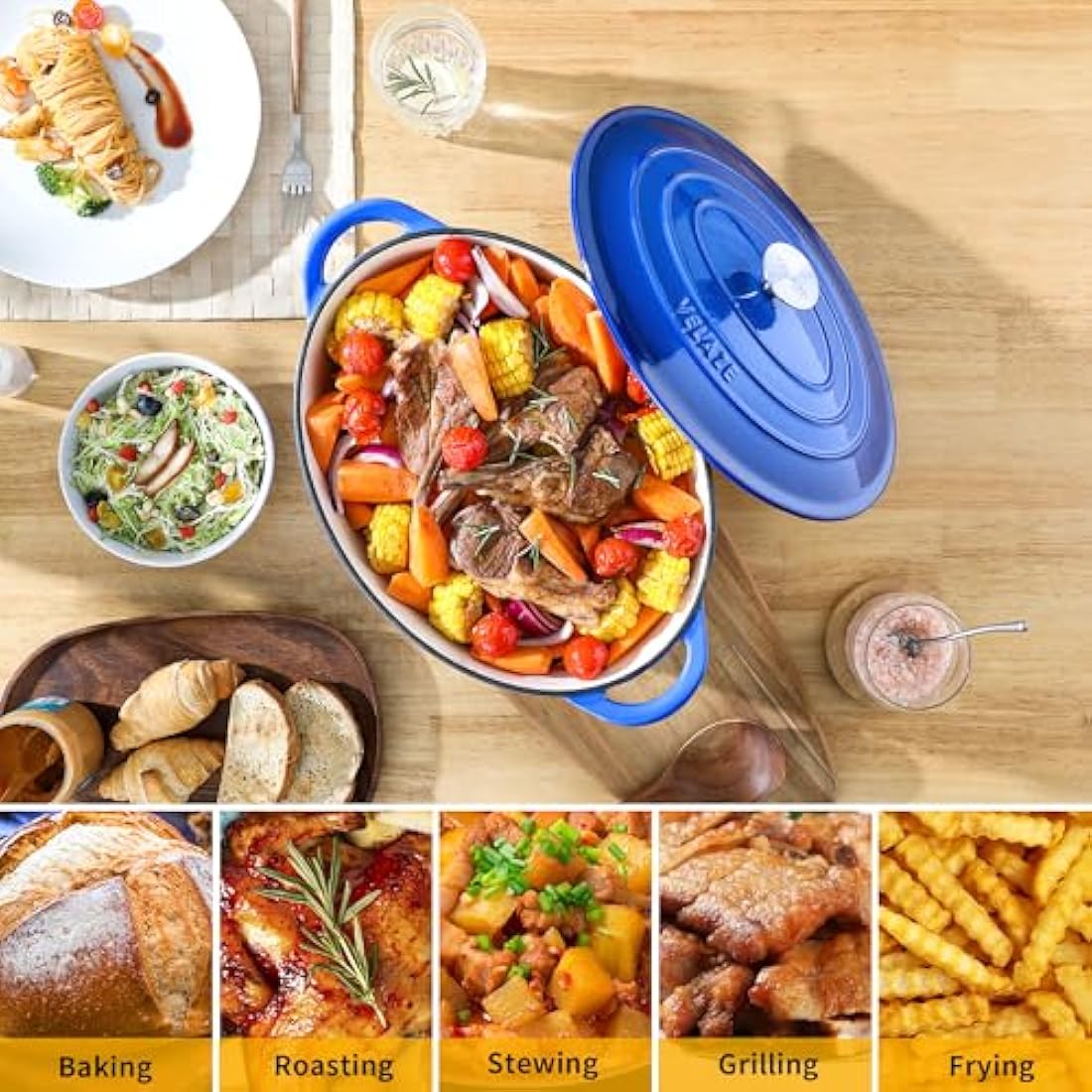 Velaze Cast Iron Enamel Cooking Pot,Non Stick Dutch Oven Pot,Casserole Dishes with Lids Oven Proof,Non-Stick Enameled Dutch Oven for All Cooktops 34cm/7.5L(Blue)