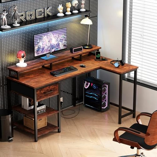 Dripex L Shaped Desk with Power Outlet Corner Computer Desk with Storage Shelves & Fabric Drawer, Study Writing Table Gaming Desk for Home Office L120xW80xH88cm