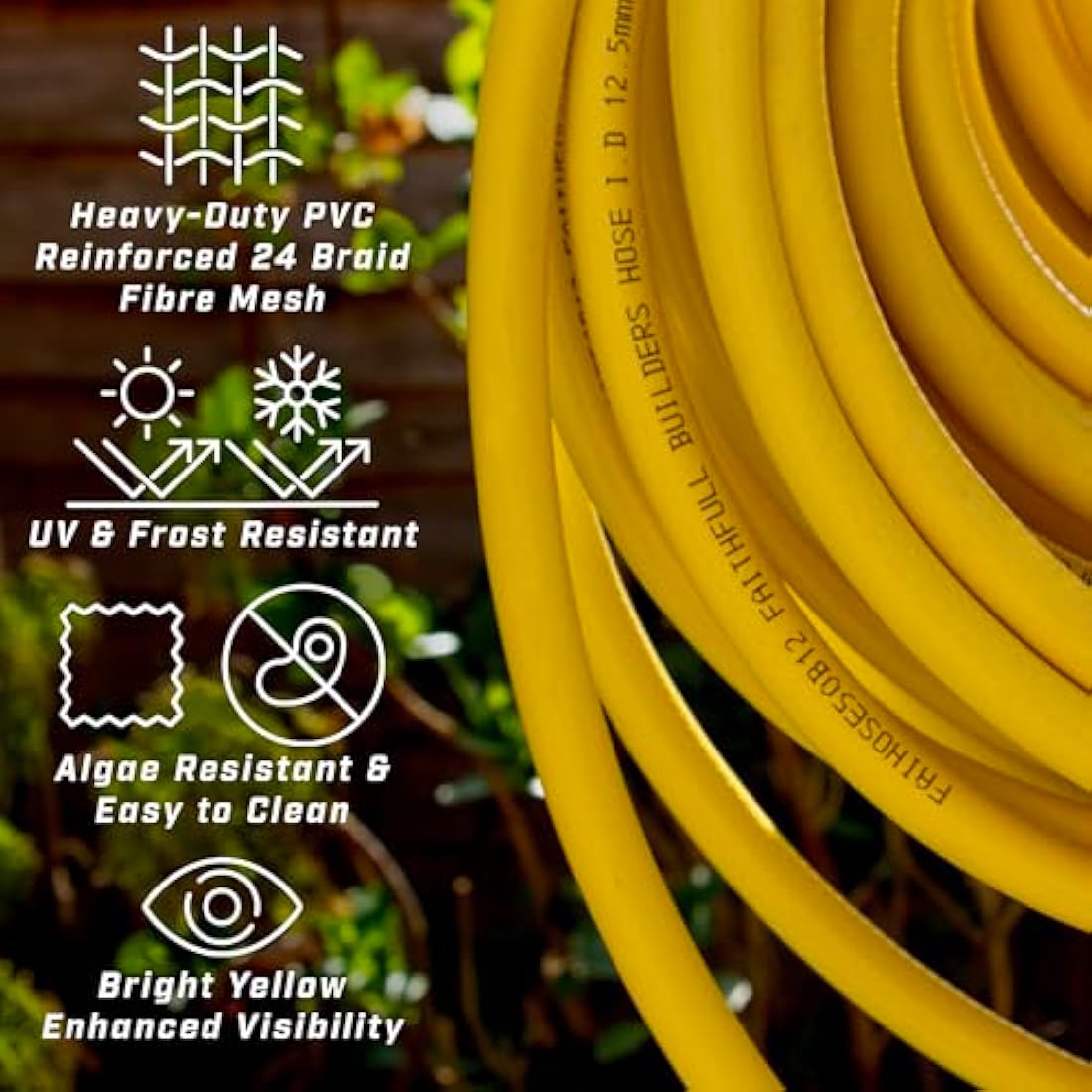 Faithfull Heavy-Duty Reinforced PVC Builders Hose 50M (164ft) 12.5mm (1/2in) Diameter – 24 Braid Fibre Mesh, Kink & Twist Resistant Hose Pipe