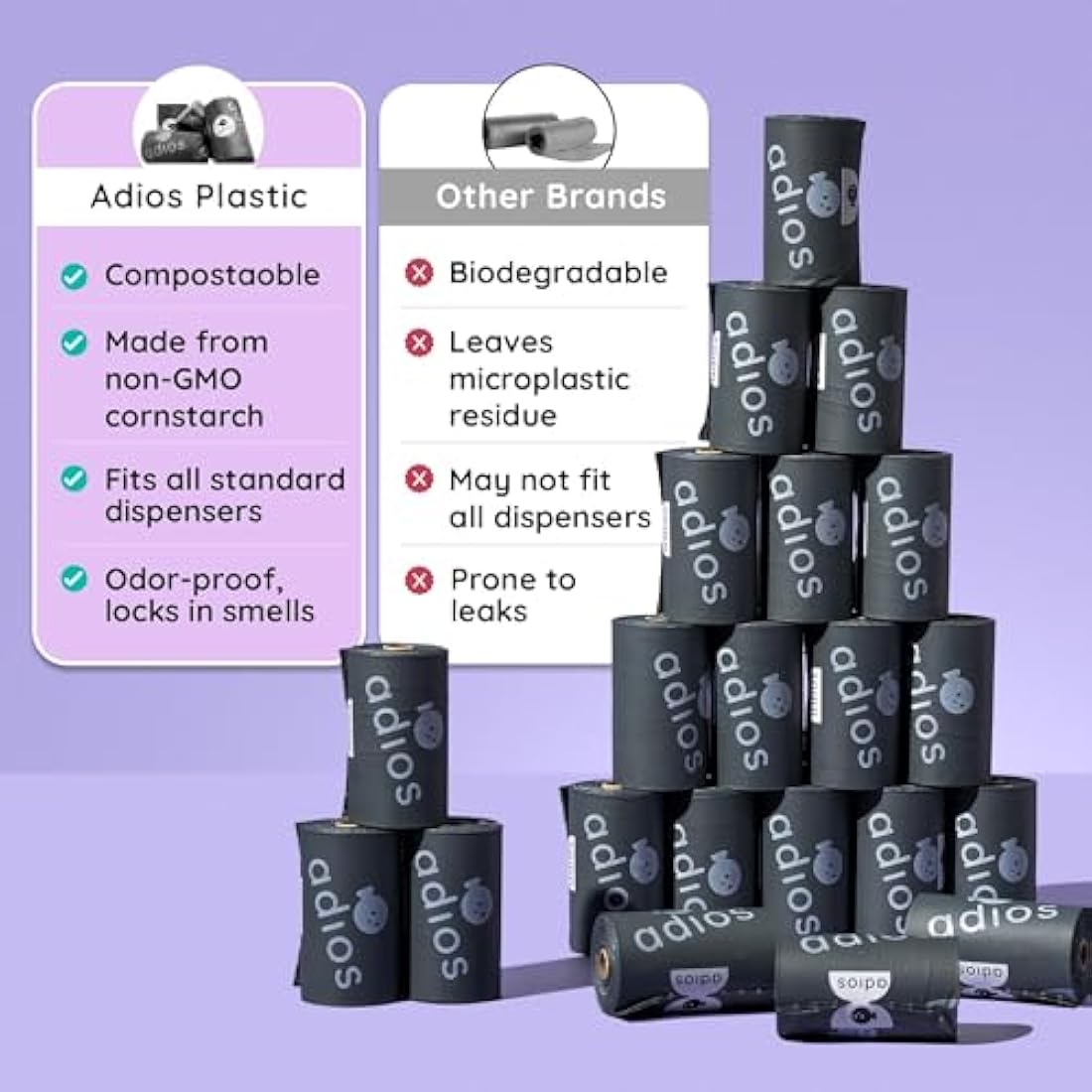 Adios Plastic - Compostable Dog Poo Bags, 360 Count (24 Rolls) - Leak‑Resistant, Extra Thick, Odour Proof Dog Waste Bags – Made from Highest Rated EN13432 Certified Cornstarch - Slate Grey