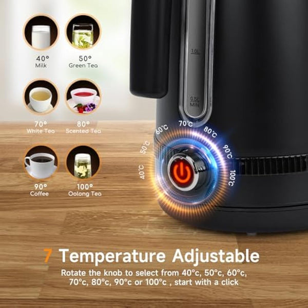 Aigostar Electric Kettle with Variable Temperature (40°C-100°C), 1.7L Digital Kettle Keep Warm, Fast Boil Smart Eco Kettle, Boil-Dry Protection, Stainless Steel, 2200W, Black - Loki