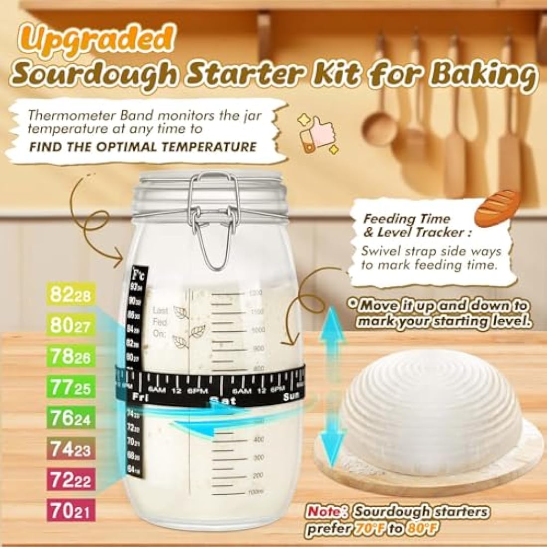 DoughEase Sourdough Starter Kit, 1500ml Sourdough Starter Jar, Bread Proofing Baskets, Dutch Oven Sling, Thermometer, Feeding Time Tracker, Dough Mat, Dough Whisk, Sourdough Bread Baking Supplies