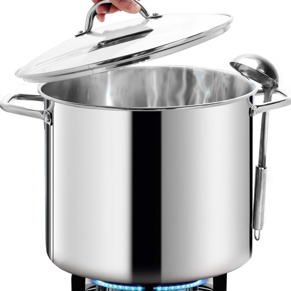 HOMICHEF Large Nickel Free Stainless Steel Stock Pot with Lid (31 cm, 19 Litre) - Mirror Polished Stock Pot 19L with Lid - Heavy Soup Pot Large