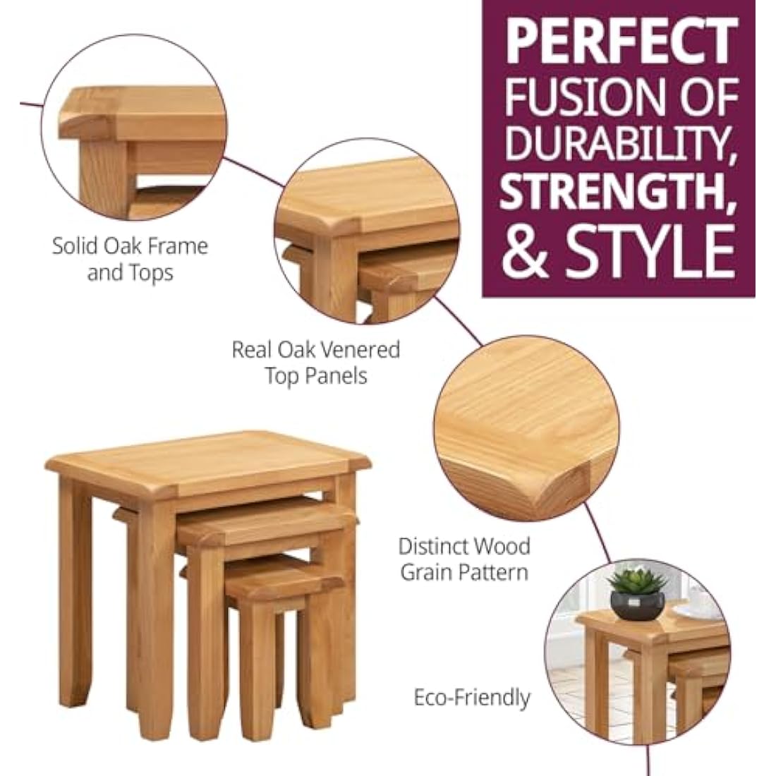 Hallowood Furniture Monchique Nest of Tables Set of 3, Multifunctional Wooden Nesting Side, Coffee Table for Small Spaces, Solid Oak Living Room Furniture, Fully Assembled