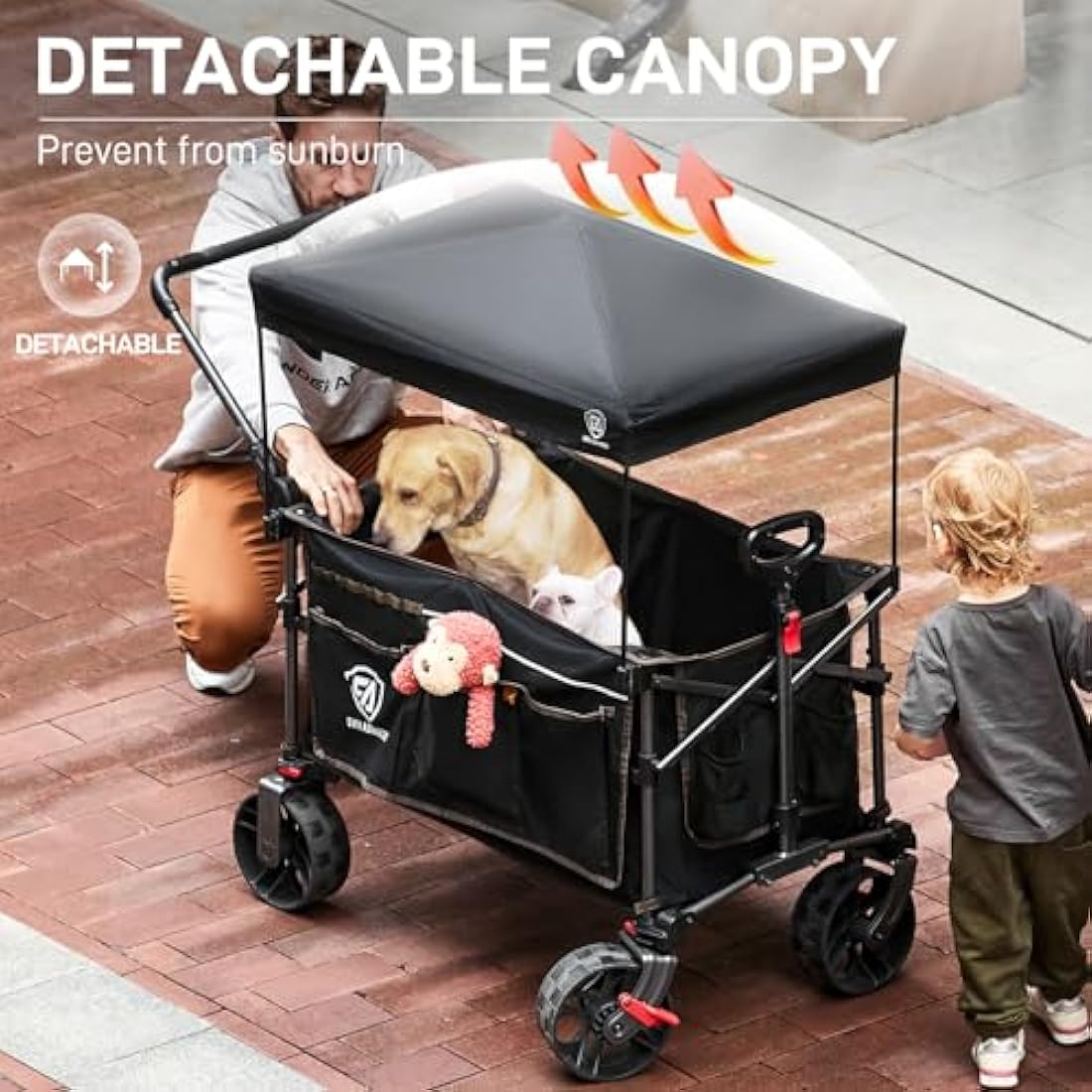 EVER ADVANCED 225L Festival Trolley on Wheels with Removable Canopy, 150KG Heavy Duty Camping Trolley, Push & Pull Beach Cart with 3 Large Pockets, Garden Folding wagon Fishing