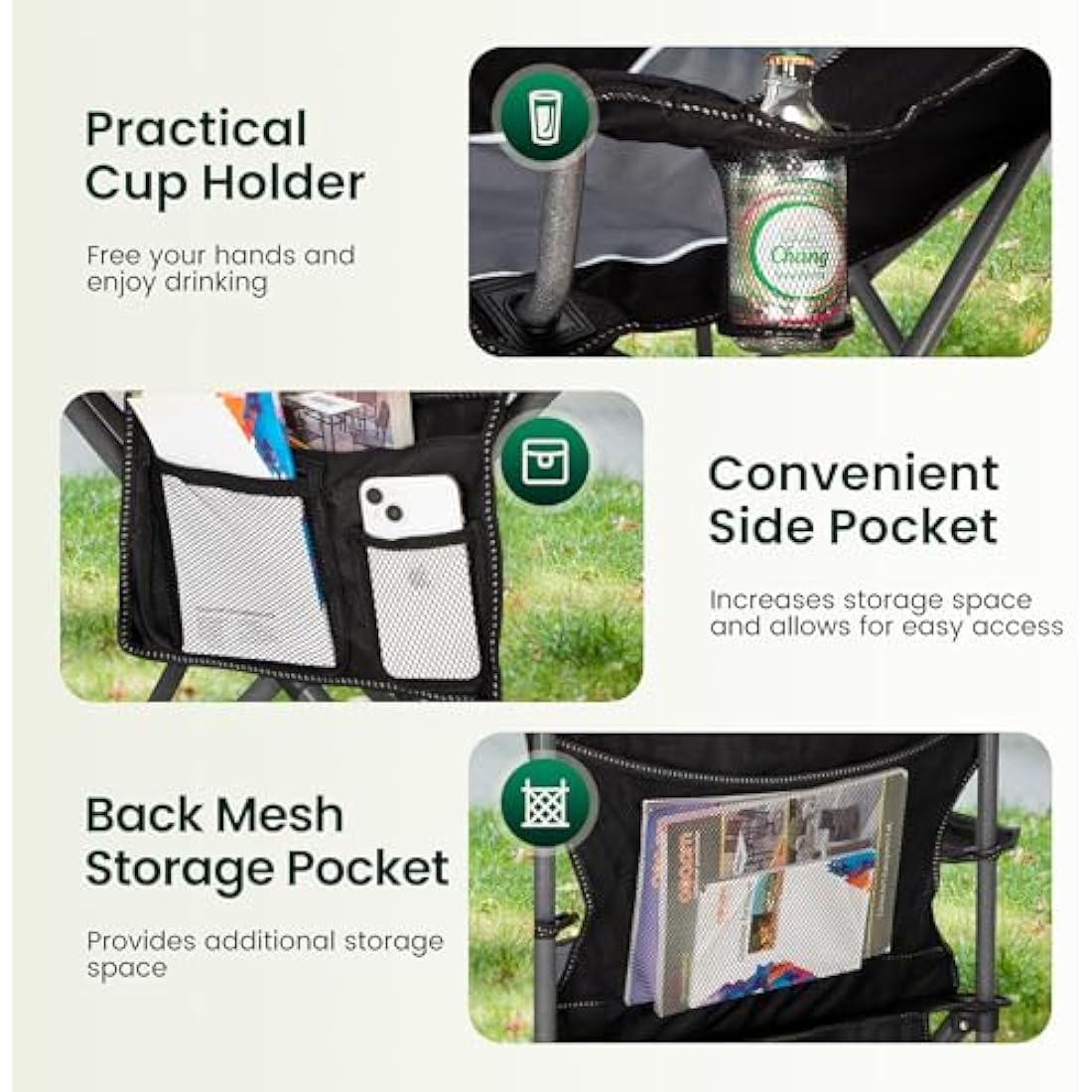 ALPHA CAMP Set of 2 Camping Chairs for Adults Folding Chair Outdoor with Cup Holder Heavy Duty Camping Chairs with High Back Up to 160kg, Lightweight And Portable