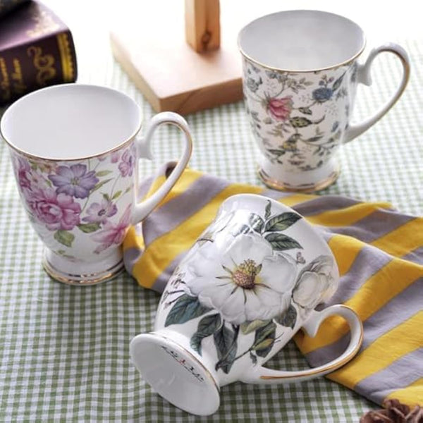 4 Piece Porcelain Mug Set - Bone China Floral Coffee Tea Water Cup - Tea Coffee Cappuccino Home Kitchen Office Gift Mug Set - 11 oz/312 ml
