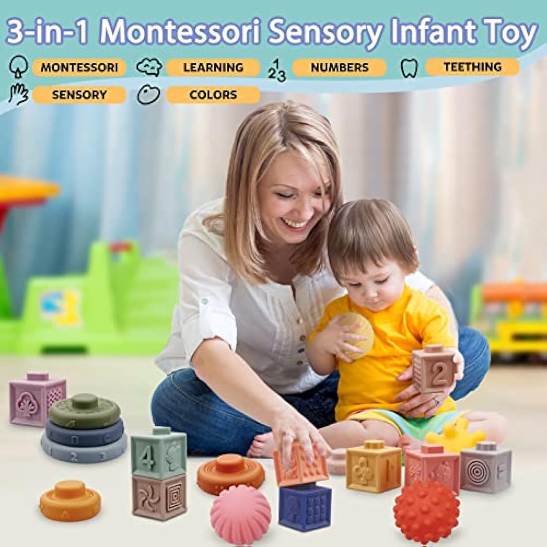 24 Pack Montessori Toys for Babies, Soft Building Blocks for Baby, Sensory Teethers Toy Educational Squeeze Play Stacking Toys Gifts for Baby Boys Girls 6 9 12 Months 1 2 3 Year Old