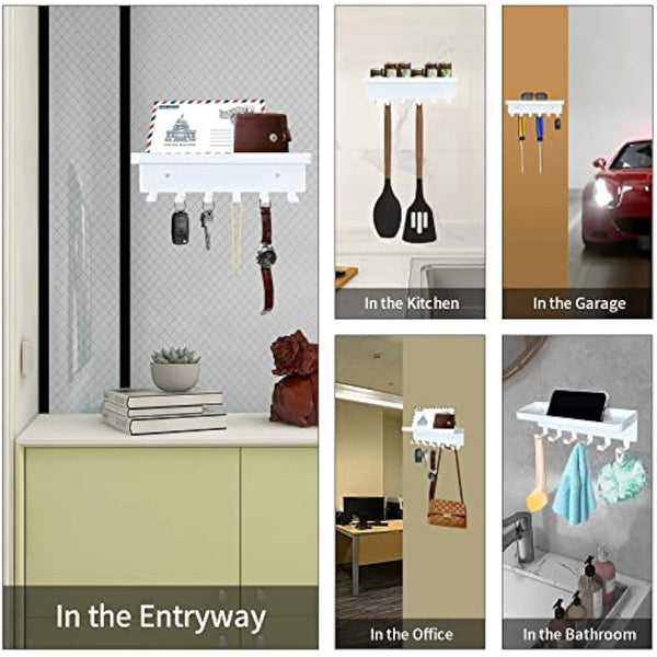 GTK Key Holder for Wall, Key Hooks with Tray and 6 Hooks, Wall Mounted Key Holder for Hallway, Key Rack with Shelf for Mail Storage (White)