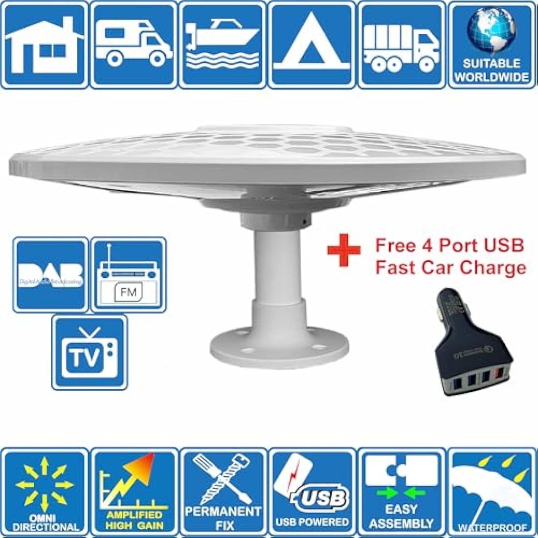 HELIO - Omnidirectional Amplified Digital HD TV Aerial Antenna 33dB High Gain Booster. Freeview UHF FM DAB. 12V / 24V ideal for Motorhome HGV Truck Caravan Boat Camping by Unispectra® (Magnet)