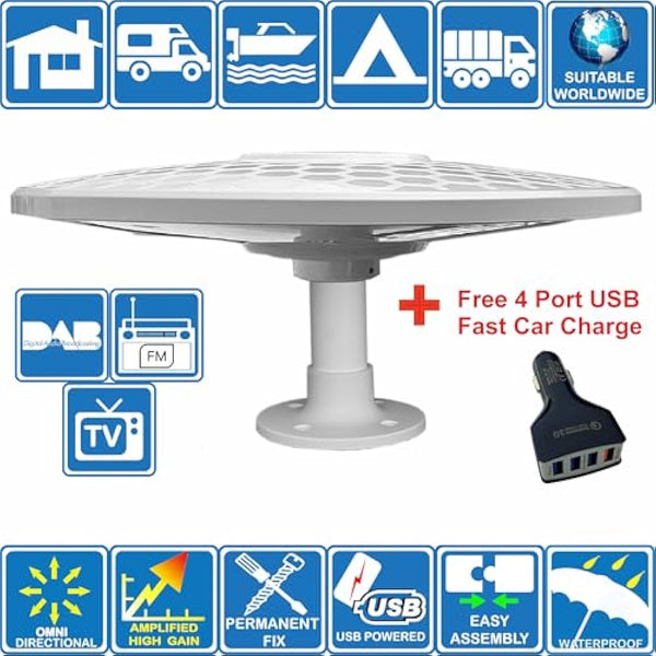 HELIO - Omnidirectional Amplified Digital HD TV Aerial Antenna 33dB High Gain Booster. Freeview UHF FM DAB. 12V / 24V ideal for Motorhome HGV Truck Caravan Boat Camping by Unispectra® (Magnet)