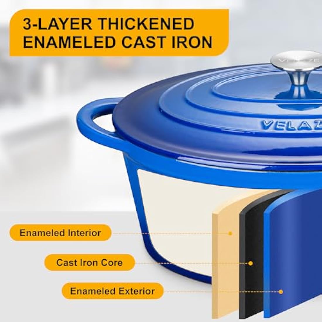 Velaze Cast Iron Enamel Cooking Pot,Non Stick Dutch Oven Pot,Casserole Dishes with Lids Oven Proof,Non-Stick Enameled Dutch Oven for All Cooktops 34cm/7.5L(Blue)