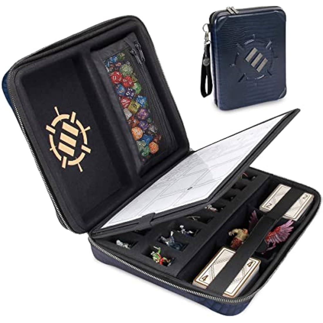 ENHANCE Collector's Edition RPG Organizer Case - DnD Binder with Built-in Character Sheet Holder and Erasable Scribe Panel, Dice Rolling Area, Removable Pen Pouch, Miniature Foam Tray (Dragon Blue)