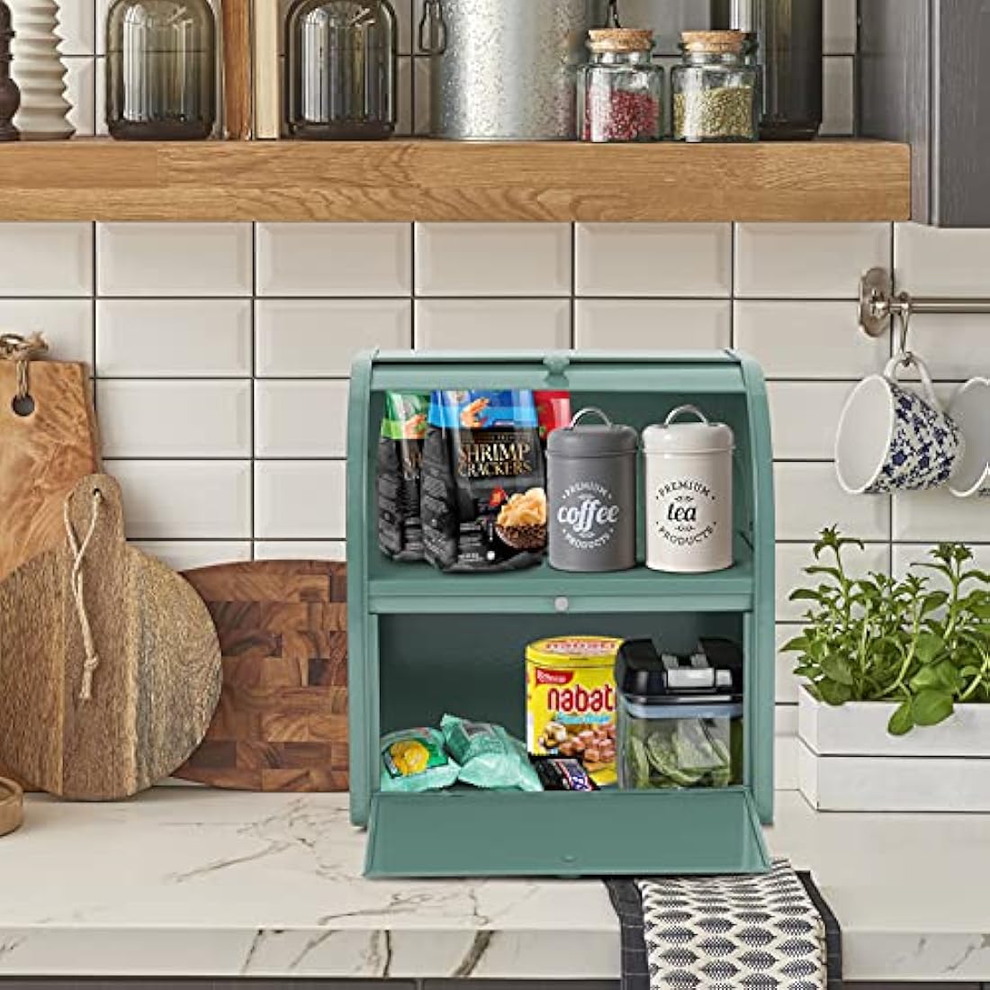 Hossejoy Double Layer Bread Bin - Large Capacity Black Roll Top Bread Box, Kitchen Bread Storage Container with Roll Top Lid, Double Layer Breadbox for Your Kitchen Countertop