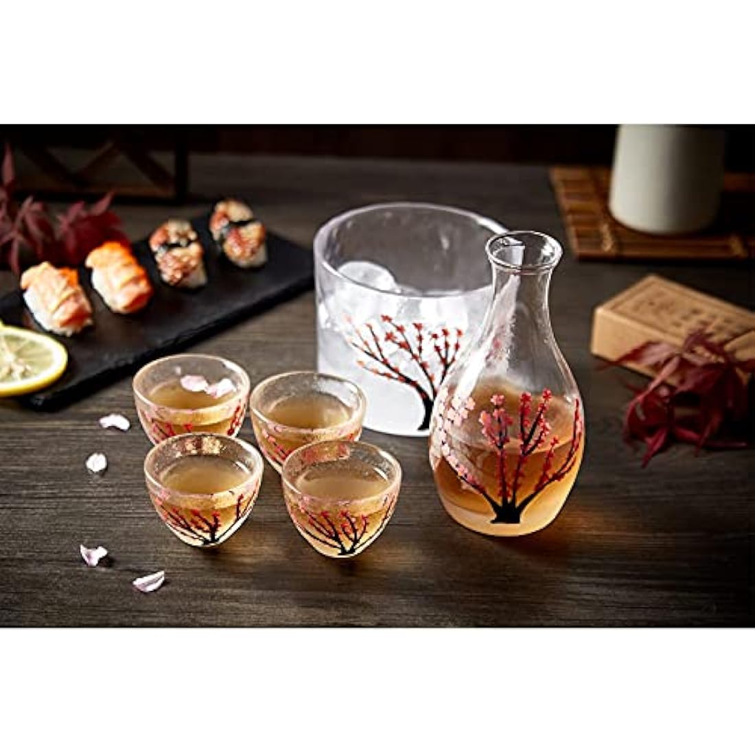 DUJUST Japanese Sake Set for 4, Handcraft Pink Cherry Blossoms Design, 1 Sake Bot