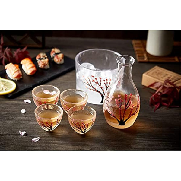 DUJUST Japanese Sake Set for 4, Handcraft Pink Cherry Blossoms Design, 1 Sake Bot