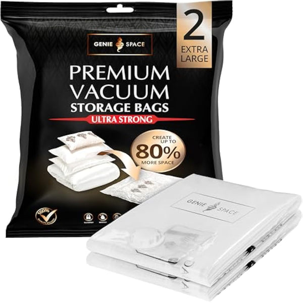 GENIE SPACE Premium Vacuum Storage Bags for Drawers, Suitcases and Wardrobes - Airtight, Odour-Proof, Reusable - Double Zipper Seal Compact Organiser - 100x80 cm, 2-Pack, XL