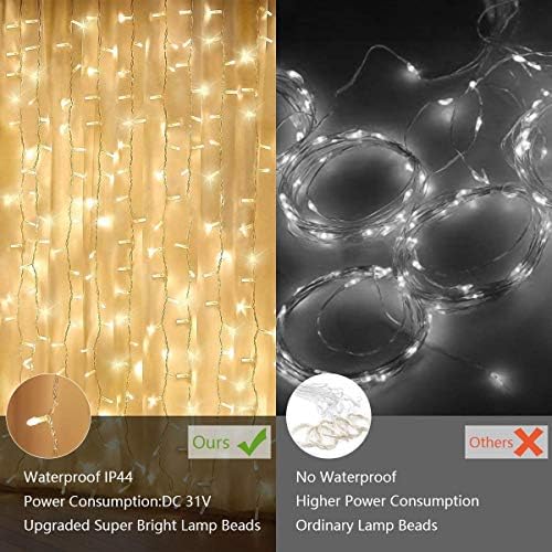 Elegear 6m x 3m Curtain Lights Mains Powered 600 LED, Plug in Outdoor Waterfall Fairy String Lights with 8 Modes for Christmas, Xmas, Garden, Patio, Wedding, Bedroom, Inodoor Decoration, Warm White