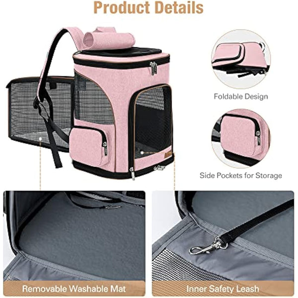 Lekesky Expandable Cat Carrier Backpack - Portable Breathable Rucksack for Medium and Small Cats & Dogs, Foldable with Inner Escape-proof Leash and Pet Mat, Supports 25 lbs (Pink)