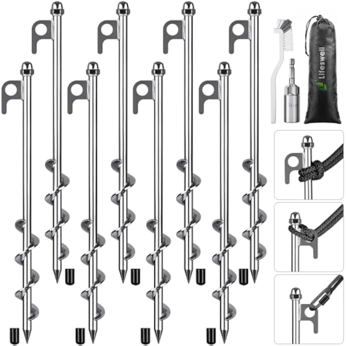 Lifeswell 12 Inch Ground Anchors, 8 Pcs Heavy Duty Tent Stakes, Easy to Install and Reusable, for Camping Tents, Trampolines, Sheds, Swing Sets, Securing Animals