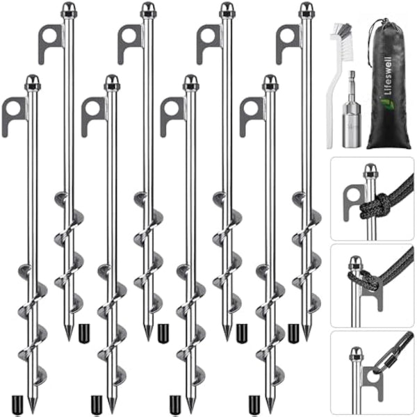 Lifeswell 12 Inch Ground Anchors, 8 Pcs Heavy Duty Tent Stakes, Easy to Install and Reusable, for Camping Tents, Trampolines, Sheds, Swing Sets, Securing Animals