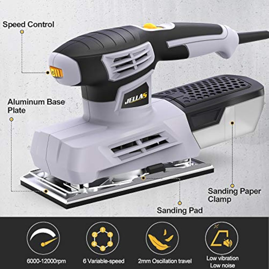 Jellas Sander, 220W 1/3 Sheet Sander, 12000RPM 6 Variable Speeds Electric Sander for Wood with Dust Collection Box, 12Pcs Sanding Sheets, Fast Paper Clamping Mechanism